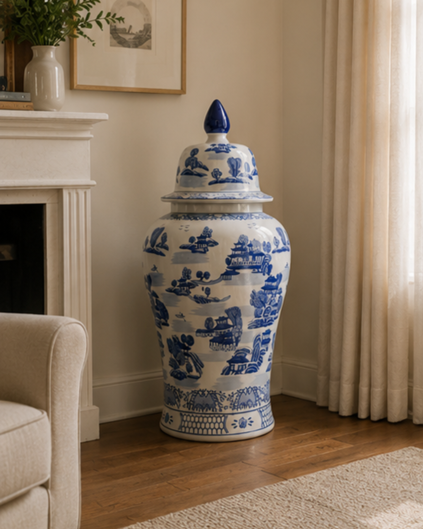 Blue Imperial Landscape Temple Jar - 82 Cm