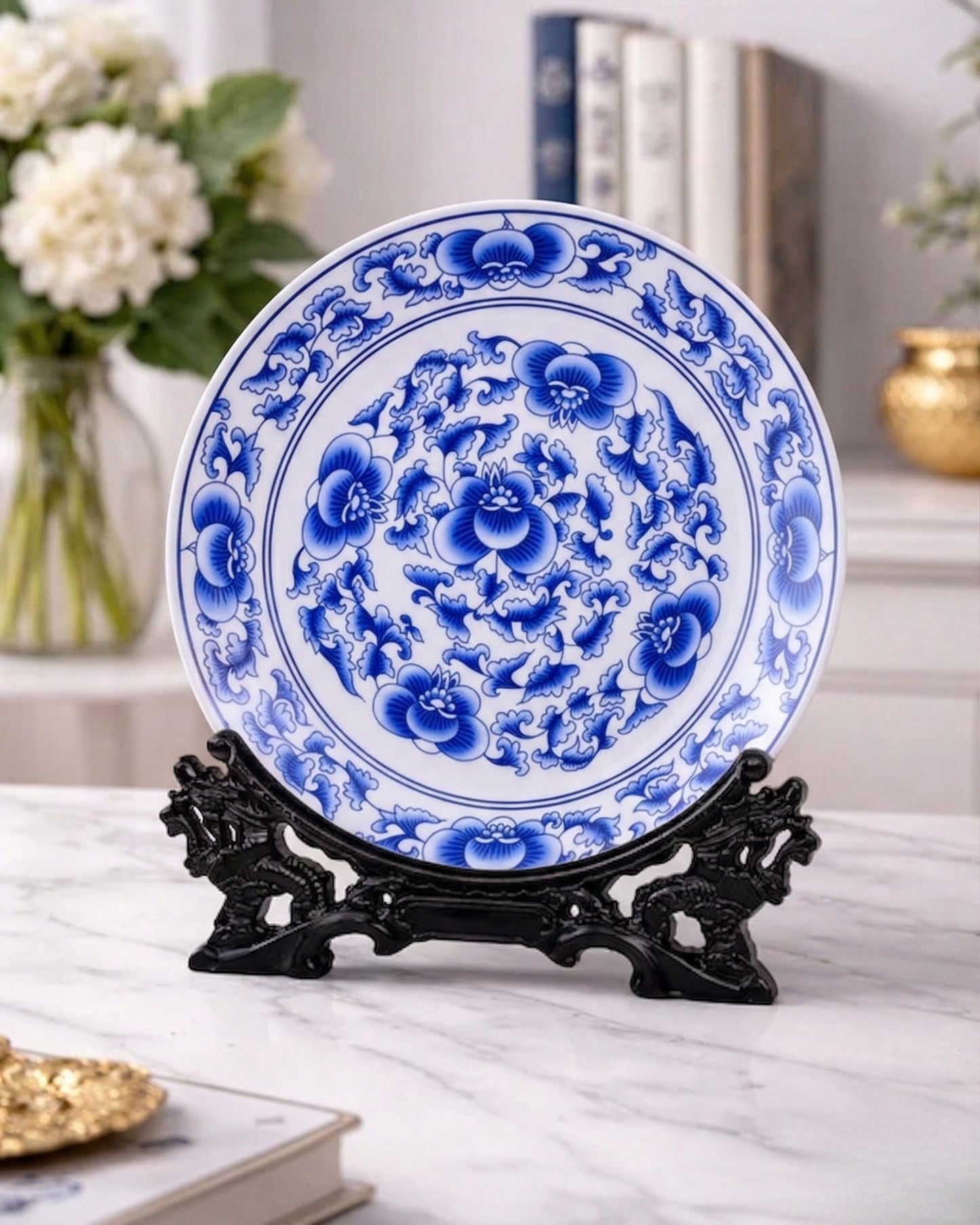 Blue Peony Blossom Decorative Plate - 35 cm