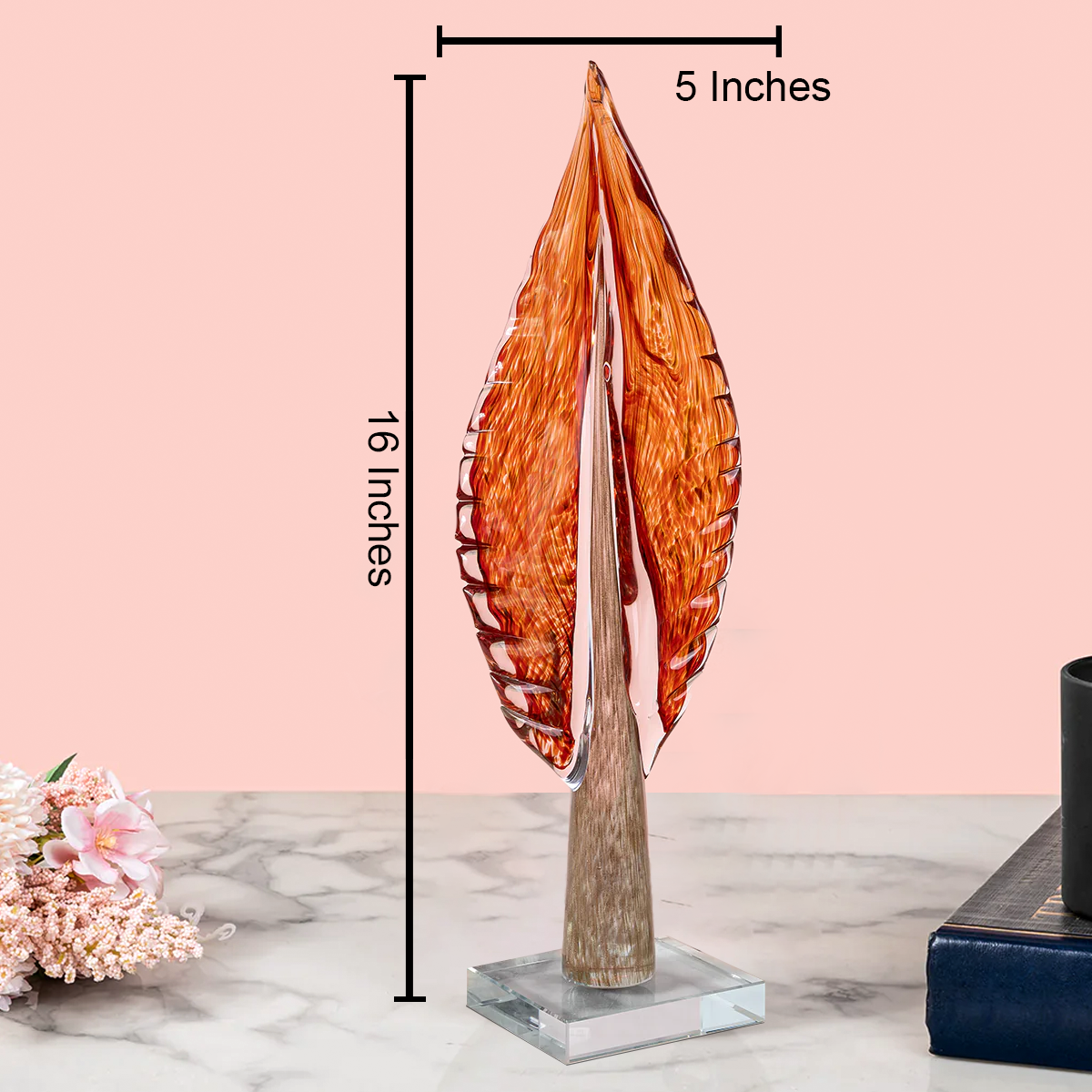 Verdant Oasis Handblown Glass Leaf Showpiece and Home Decoration Items - (Red) (Big)