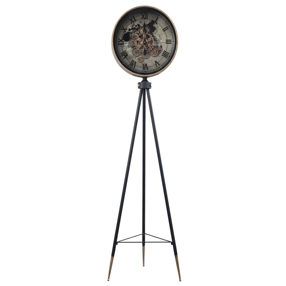 Phantom Dial Tripod Base Luxury Designer Standing Clock With Moving Gear Mechanism - Black (Steel Body)