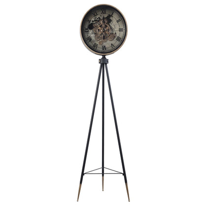 Phantom Dial Tripod Base Luxury Designer Standing Clock With Moving Gear Mechanism - Black (Steel Body)