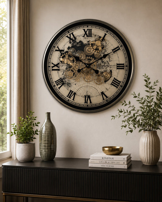 Phantom Dial Luxury Designer Wall Clock For Living Room With Moving Gear Mechanism Buy Wall Clock Online - Medium (Black) (Steel Body)