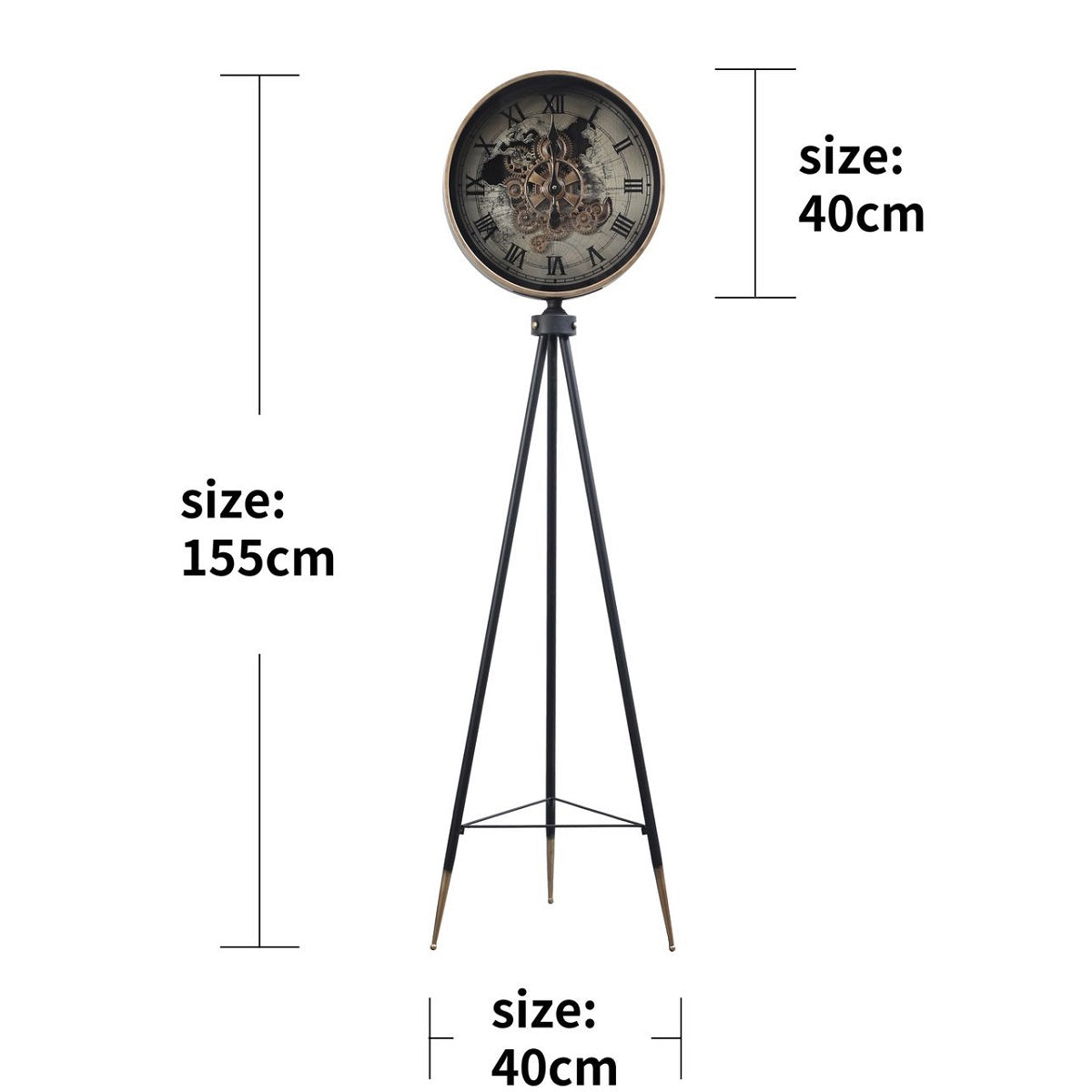 Phantom Dial Tripod Base Luxury Designer Standing Clock With Moving Gear Mechanism - Black (Steel Body)