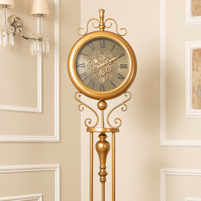 Classic Crown Luxury Designer Standing Clock With Moving Gear Mechanism (Steel Body)