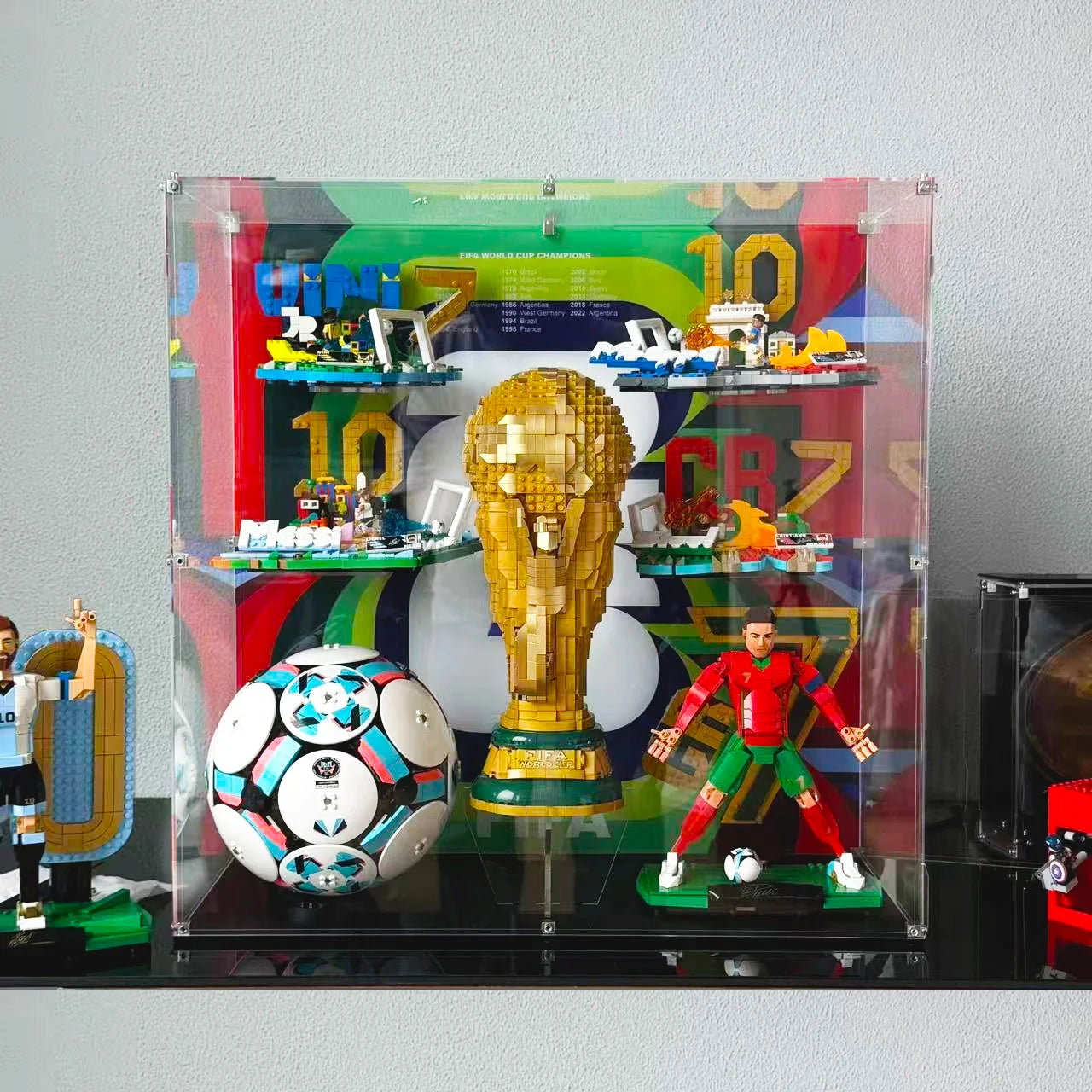 LEGO Display Case For Editions Soccer Legend Lionel Messi & Cristiano Ronaldo &Soccer Highlights 4 sets & FIFA World Cup™ Official Trophy