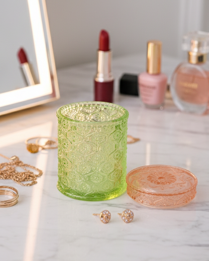 Vintage Floral Emerald Glass Jar