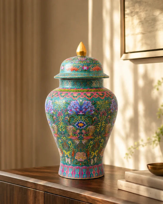 Cloisonné phoenix Temple Jar With Lid - Green - 39 cm