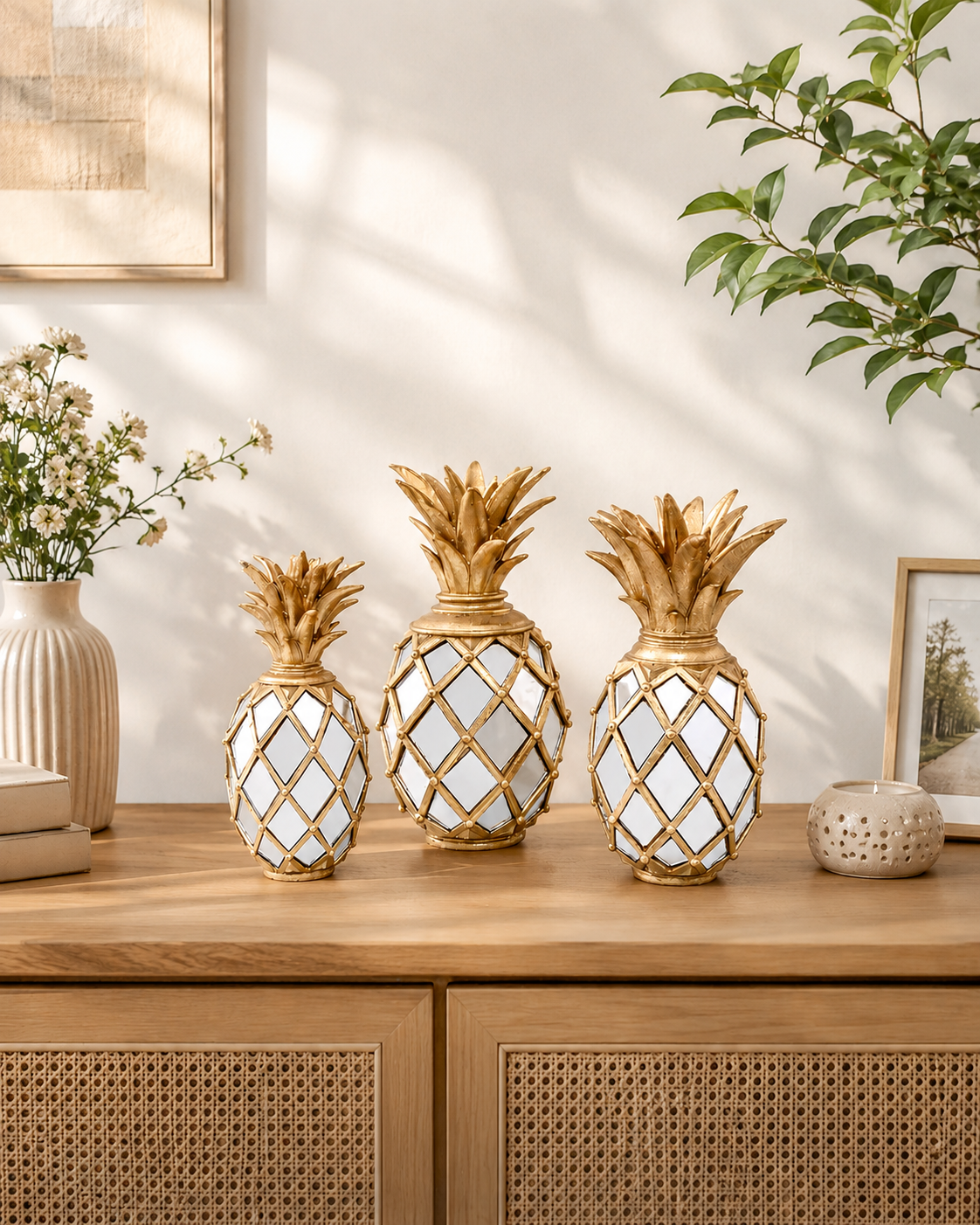 Golden Pineapple Mirror Table Décor - Set Of 3