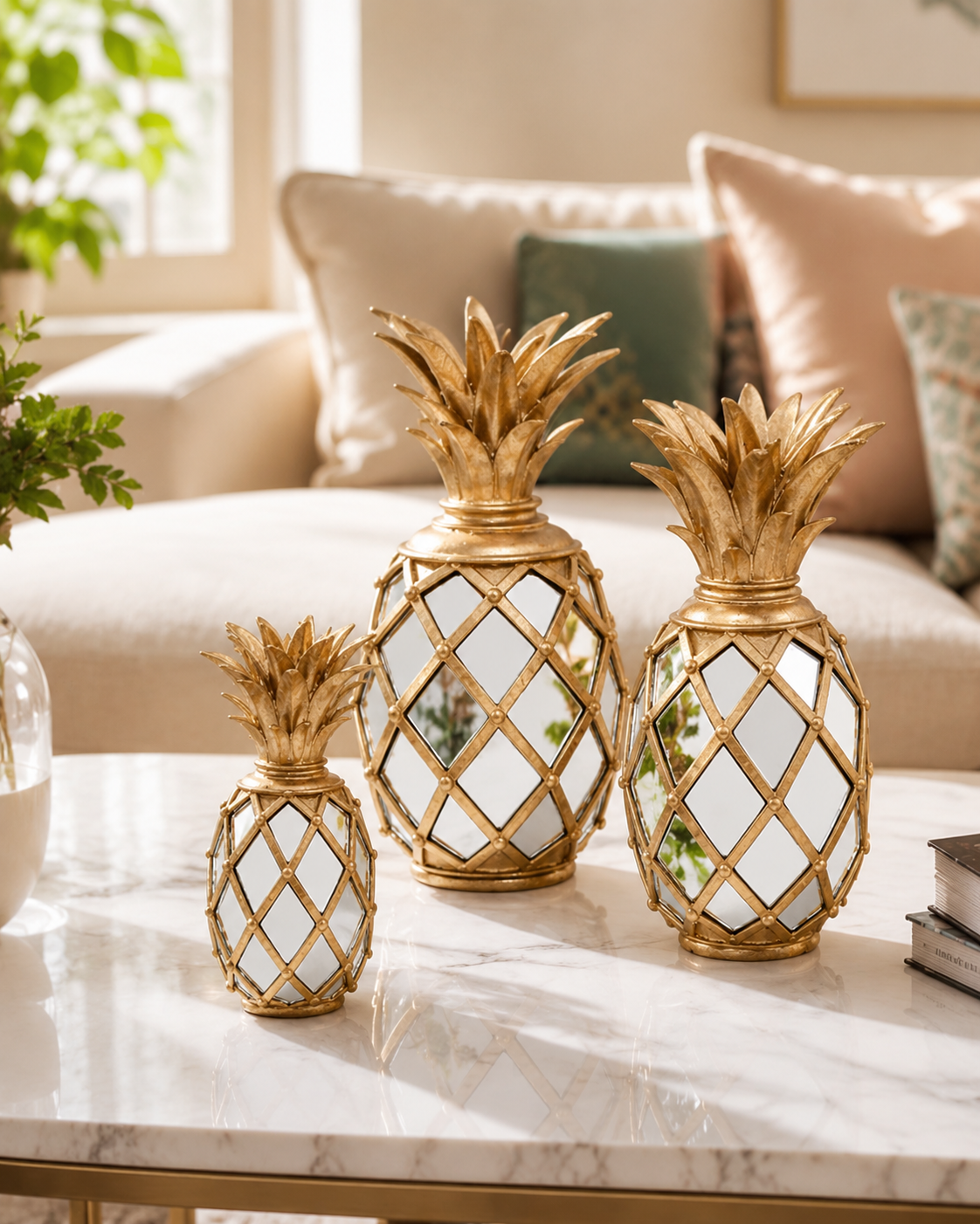 Golden Pineapple Mirror Table Décor - Set Of 3