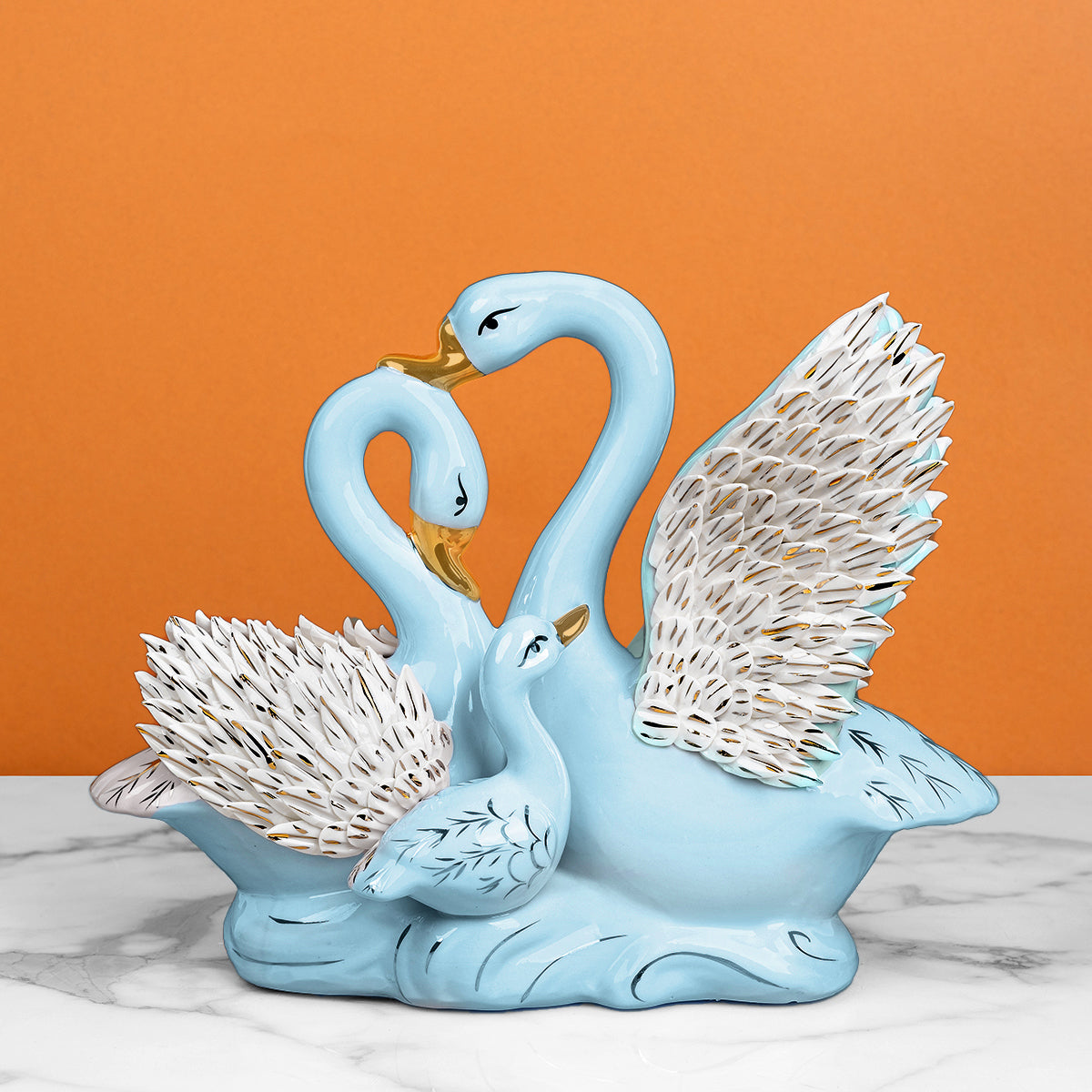 Swan Family Sculpture and Ceramic Decorative showpiece & Items for Room Decoration - Blue