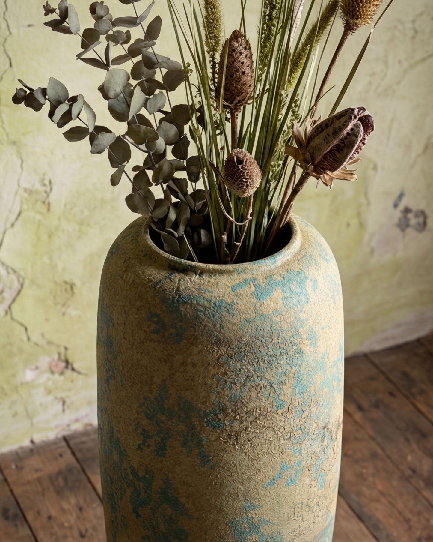 Antique Teal Textured Floor Vase - Small