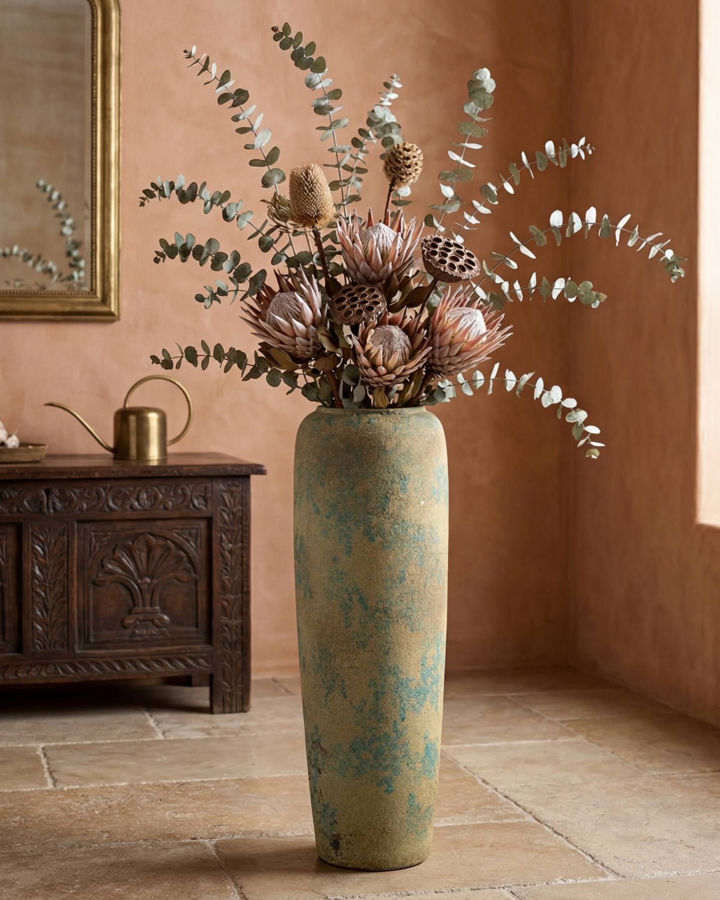 Antique Teal Textured Floor Vase - Large