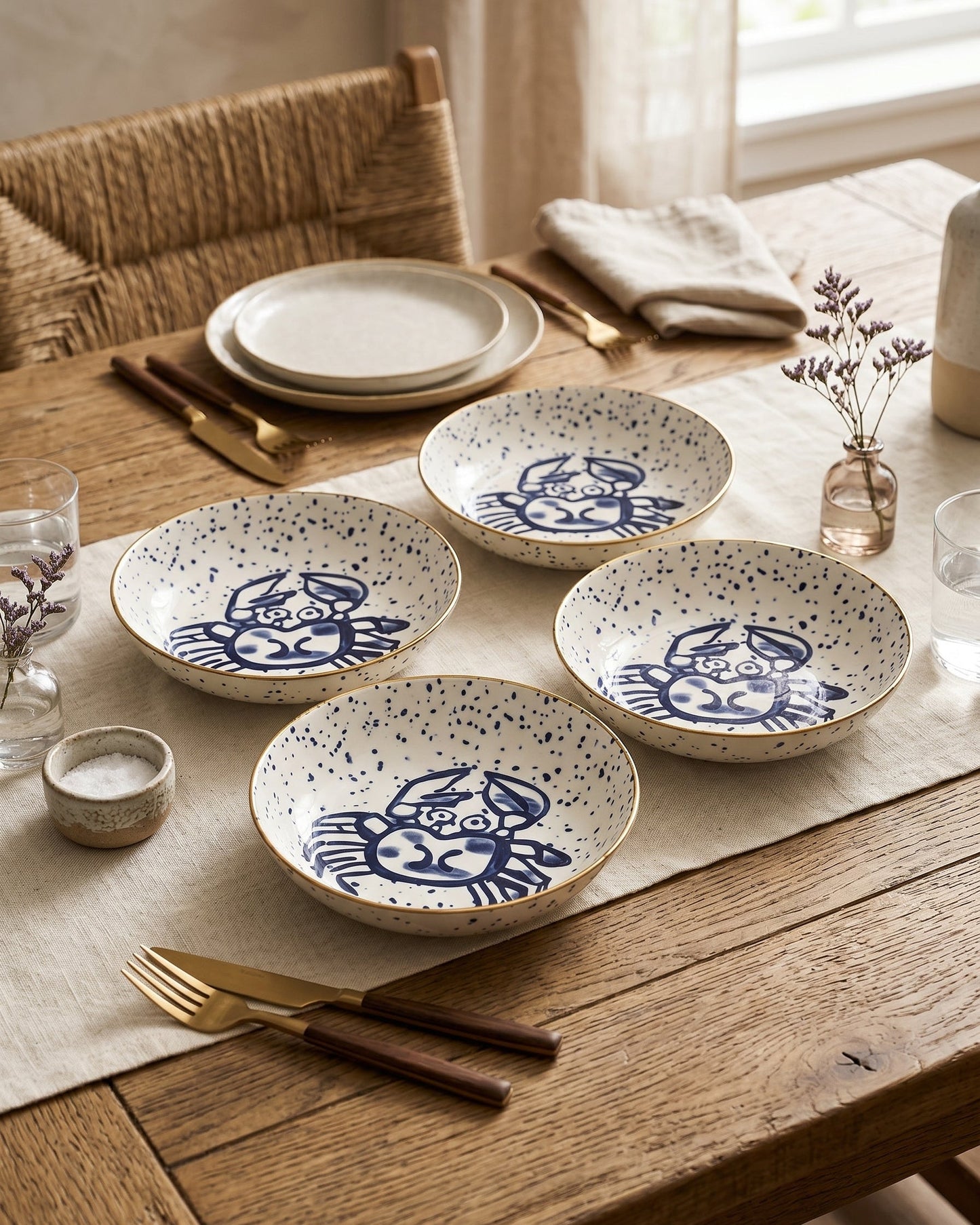 Crab Sketch Pasta Bowl - Set Of 4