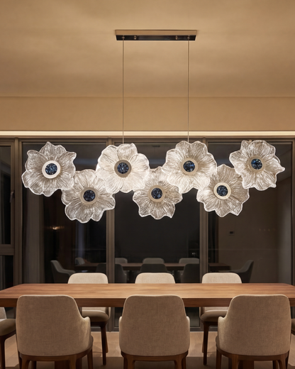 Linear Floral Glass Chandelier with Blue Accents
