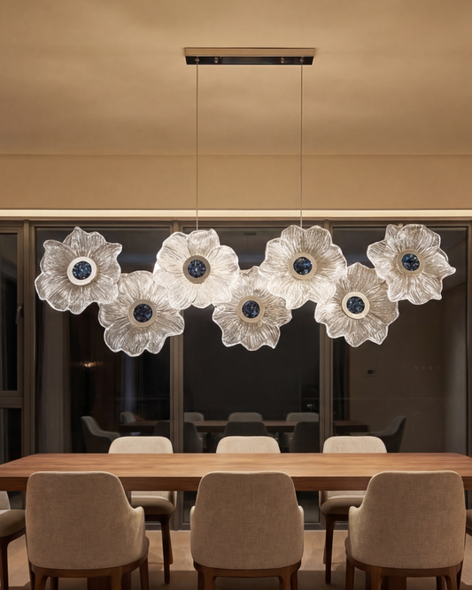 Linear Floral Glass Chandelier with Blue Accents