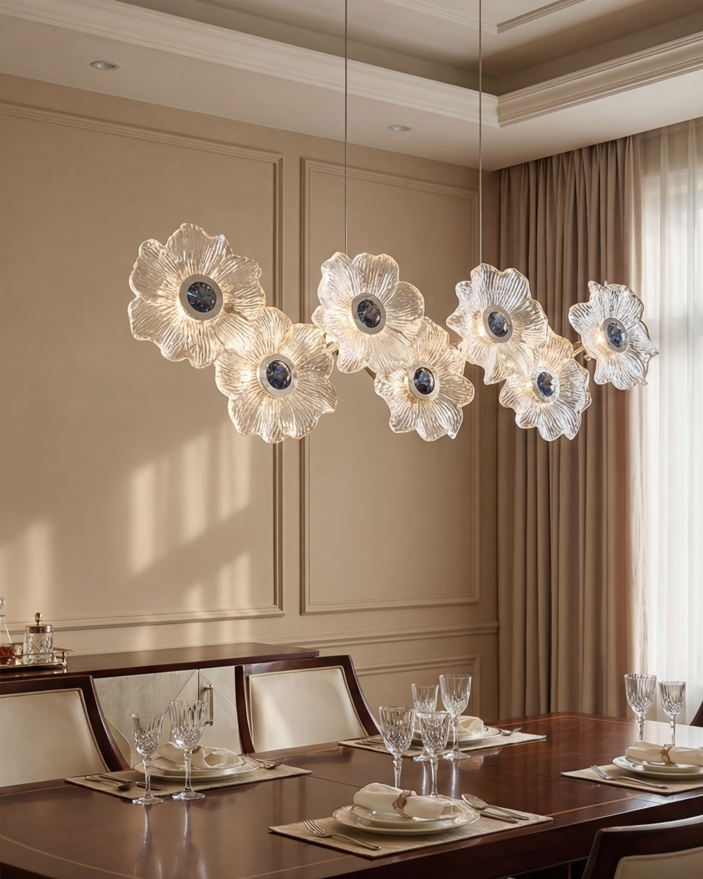 Linear Floral Glass Chandelier with Blue Accents