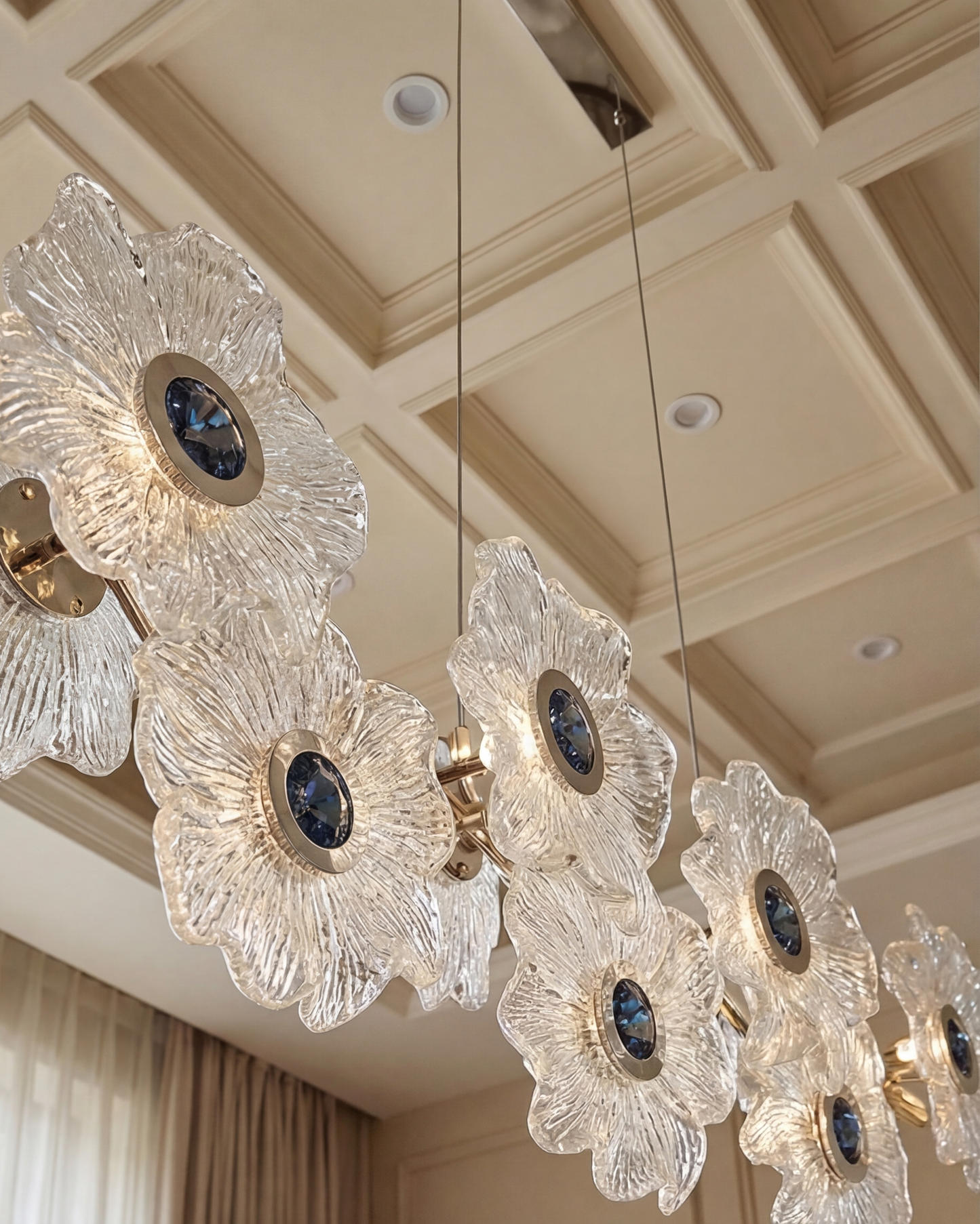Linear Floral Glass Chandelier with Blue Accents