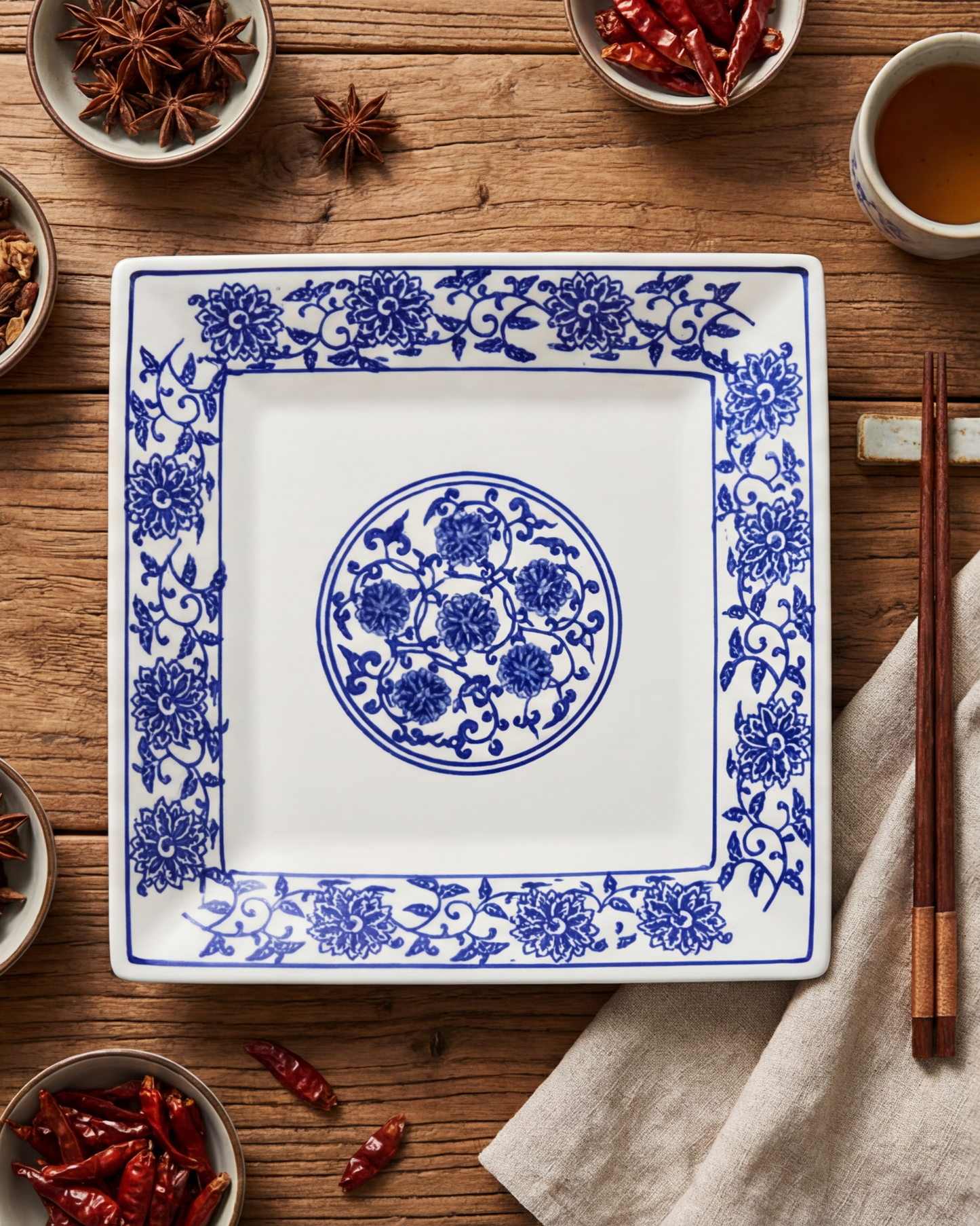 Classic Blue Floral Square Dinner Plate