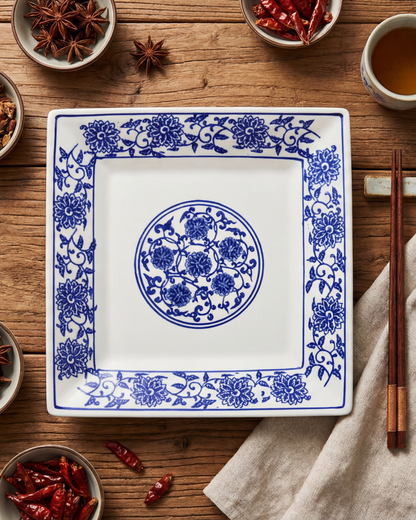 Classic Blue Floral Square Dinner Plate