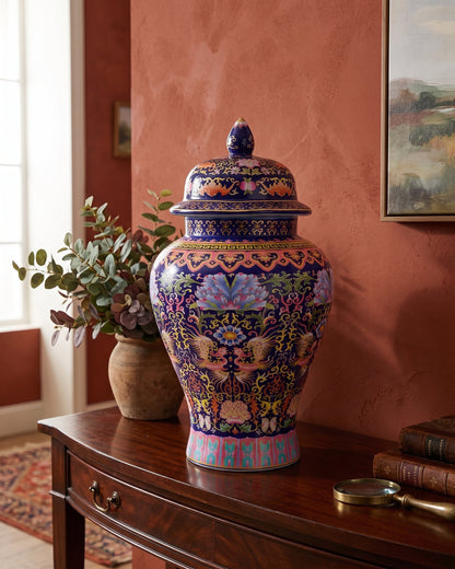 Cloisonné phoenix Temple Jar With Lid - Blue - 39 cm