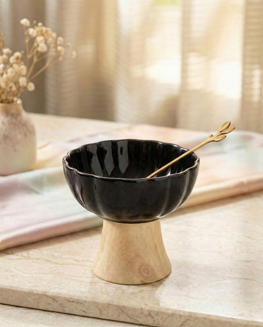 Ceramic + Wood Dessert Bowl - Black