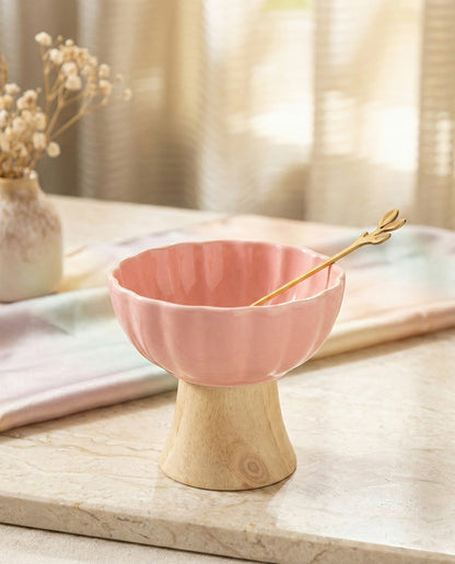 Ceramic + Wood Dessert Bowl - Pink